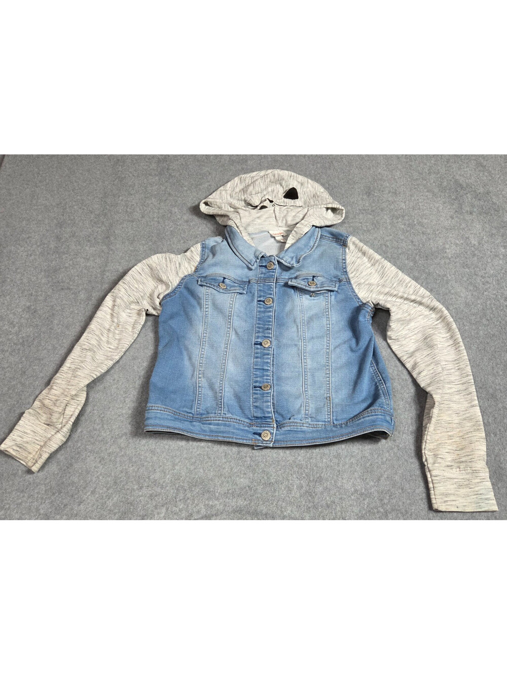 Cat & Jack Girls XL (14/16) Hooded Denim Jacket w/ Gray Knit Sleeves Jean Hoodie